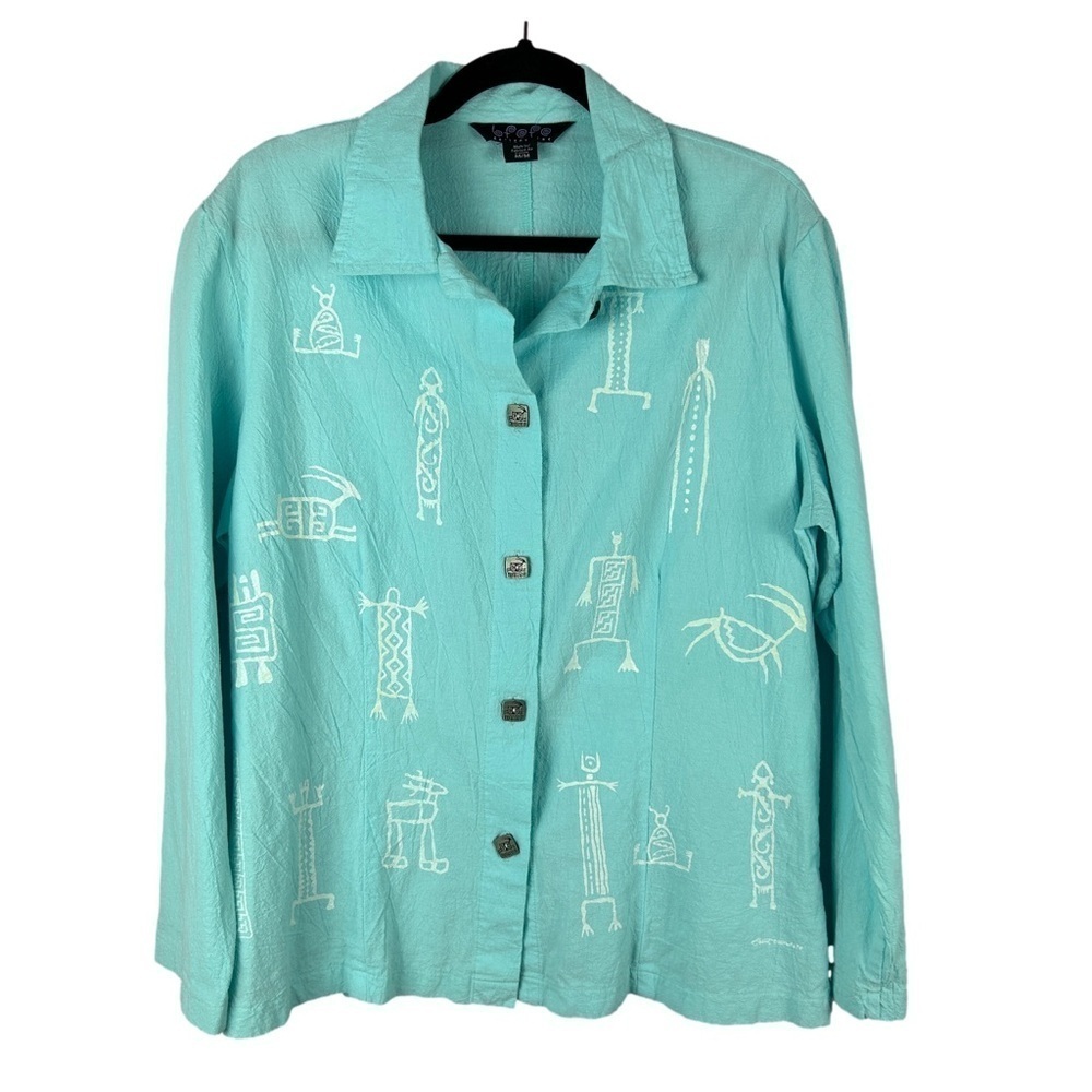 Bfofo Tribal Aztec Western Boho Cotton Button Down Shirt Medium Turquoise